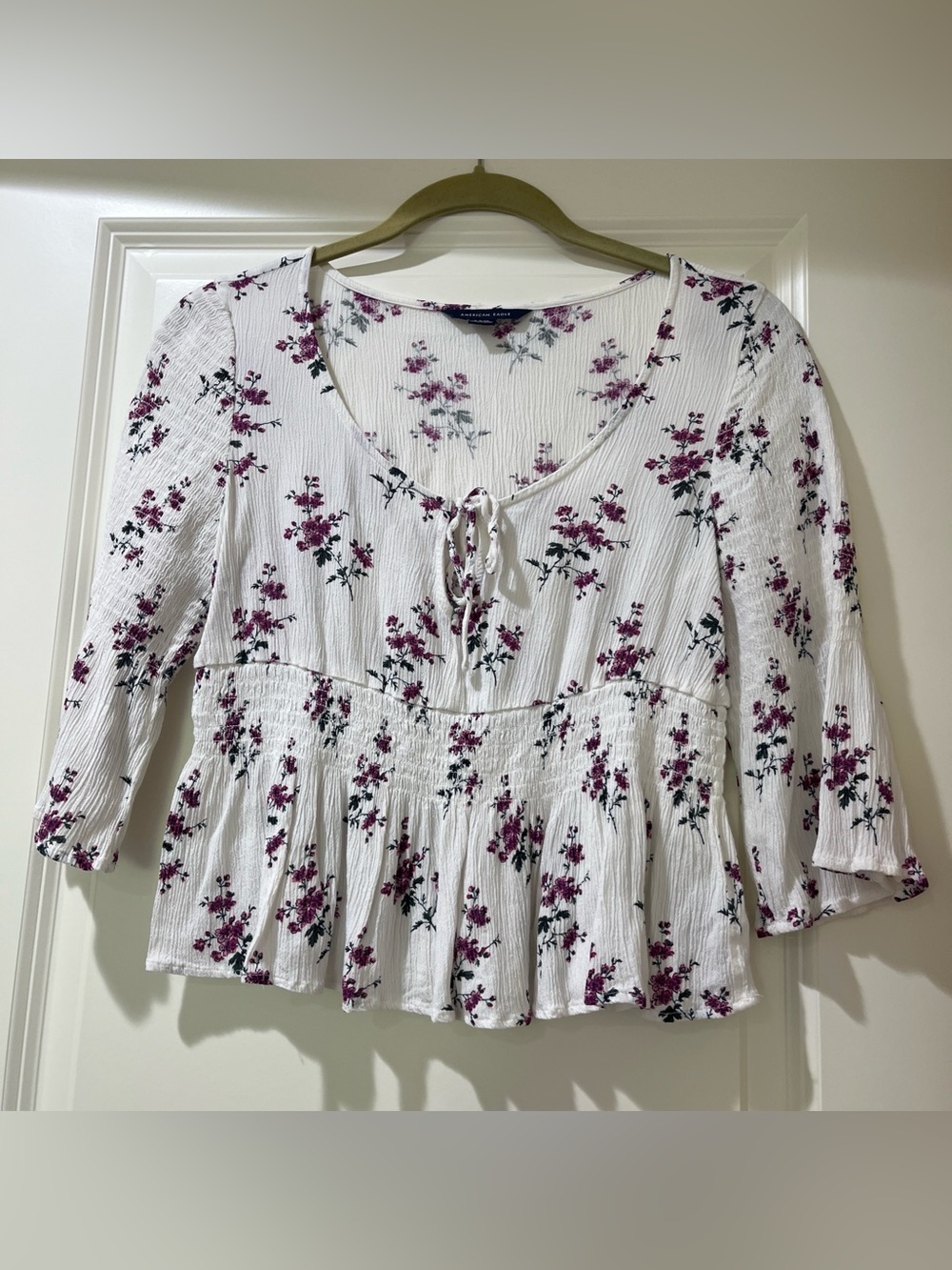 American Eagle Outfitters White Peasant Top with Purple Floral Print